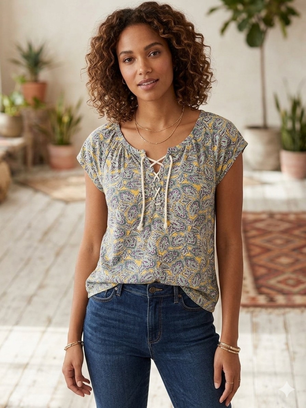 Chaps Paisley Lace Up Peasant Blouse Boho Cap Sleeve Top